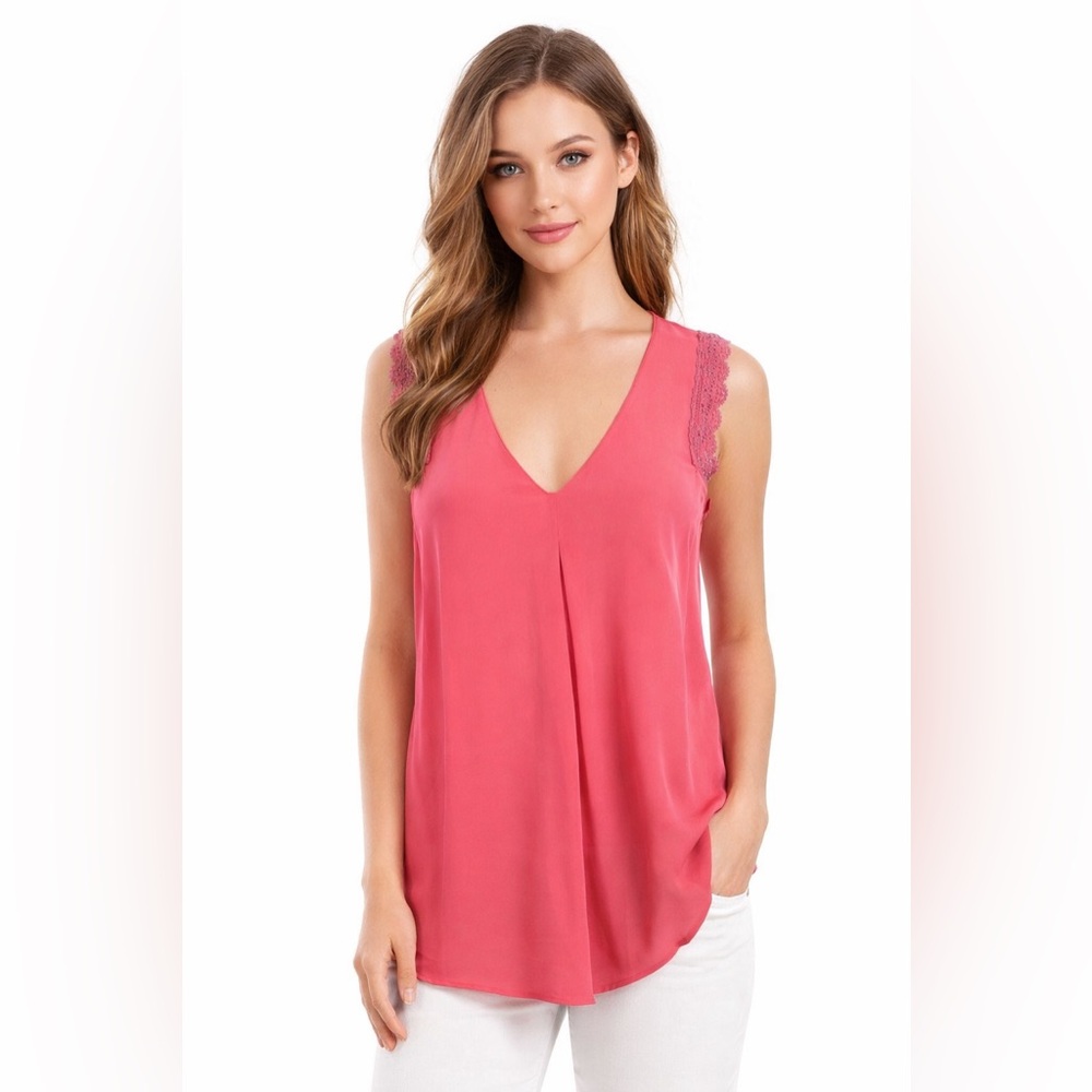 Gerard Darel Coral Pink Silk Lace-Trim V-Neck Blouse